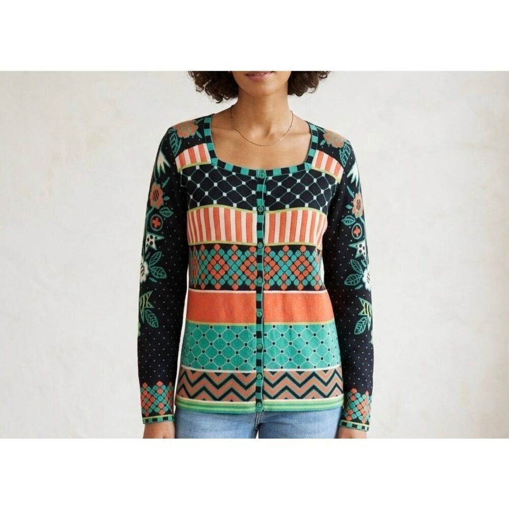 GUDRUN SJODEN Cardigan Boho Button Up Scandinavian Multicolor Green Black Red La